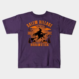 Salem Village Broomstick Vintage Spooky Halloween Design Kids T-Shirt